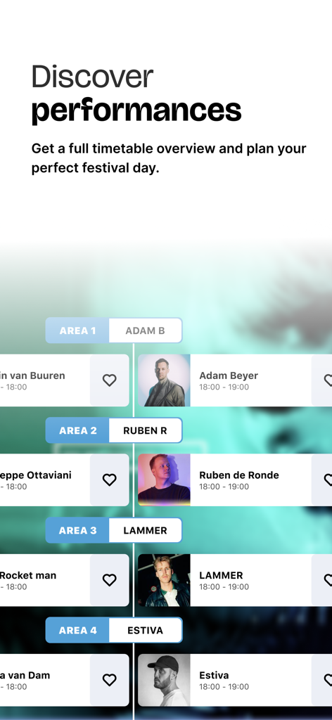 Appic - Festivals & More - A mobile interface of the Appic app showing a detailed festival schedule with artist names, set times, and performance stages.