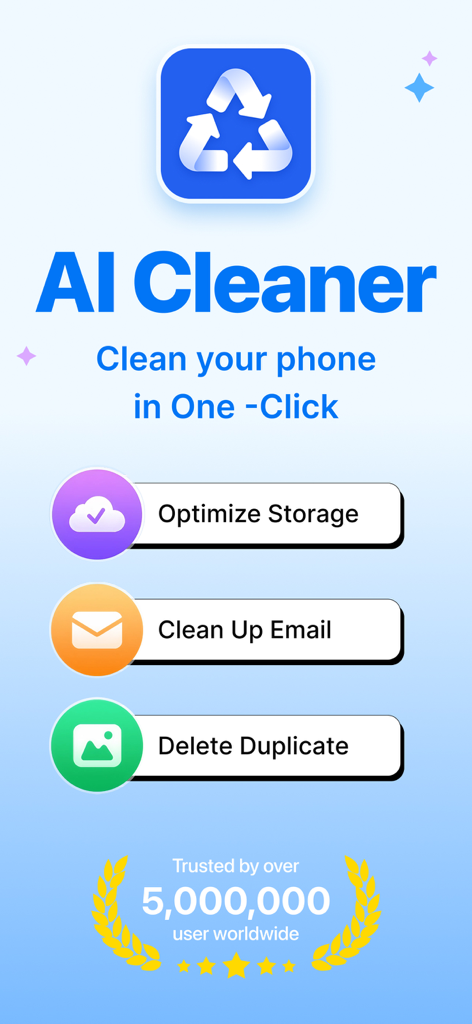 AI Cleaner app main menu with storage optimization and email cleanup tools