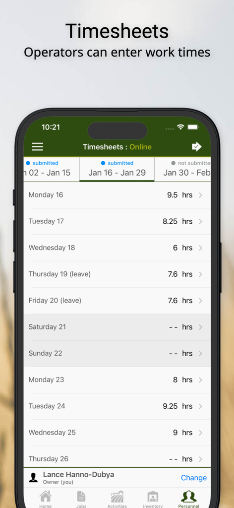 FarmSimple - Interface of the FarmSimple app showing a list of daily work hours and timesheet entries for farm operators