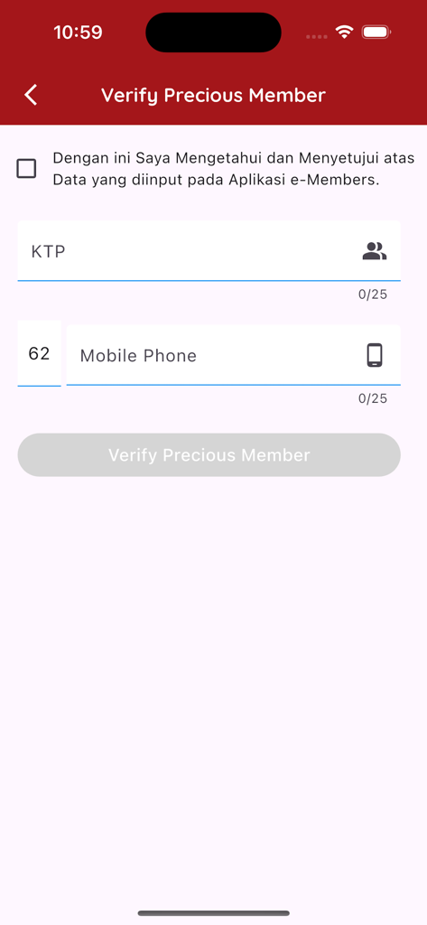 eMemberS By Sinar Mas Land - Verification screen of the eMemberS app for member identity and phone number input