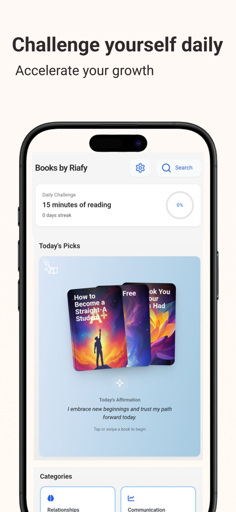 Book AI - Smart Summaries - 15분 일일 독서 챌린지 및 스마트 도서 추천을 보여주는 Book AI의 모바일 대시보드
