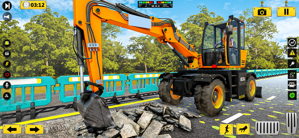 Construction Truck Sim 3D - A 3D simulation of a yellow wheeled excavator digging broken asphalt on a road with mobile game controls