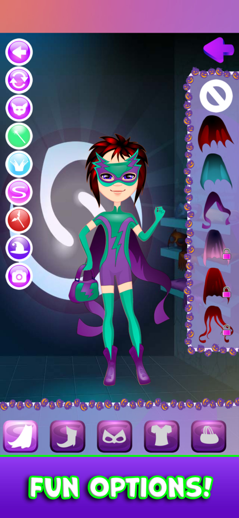 Halloween Costume Party Games - Superhero costume customization screen in a Halloween dress-up game for kids
