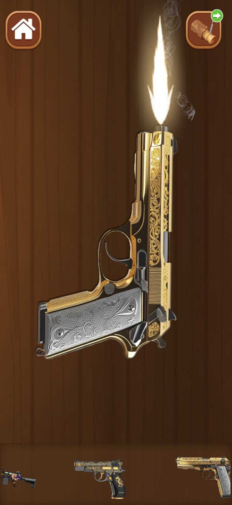 Ornate gold and silver handgun lighter with a realistic flame in a 3D antistress game