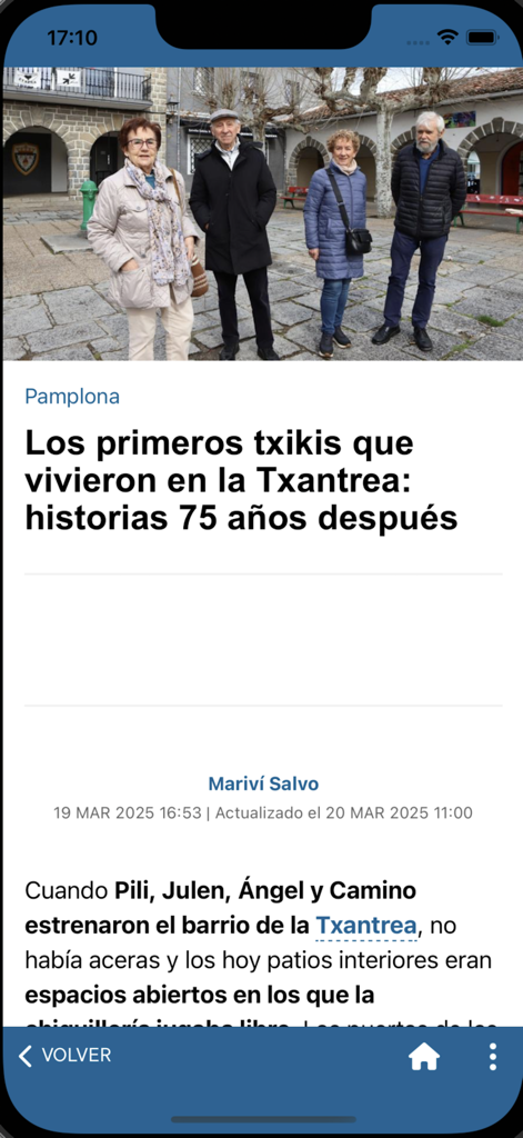 Diario de Noticias de Navarra - Local news article in the Diario de Noticias de Navarra app about the history of the Txantrea neighborhood in Pamplona