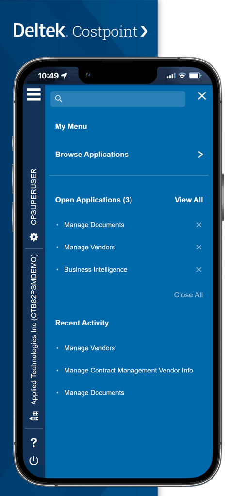 Deltek Costpoint mobile app dashboard displaying the main menu, open applications, and recent activity.