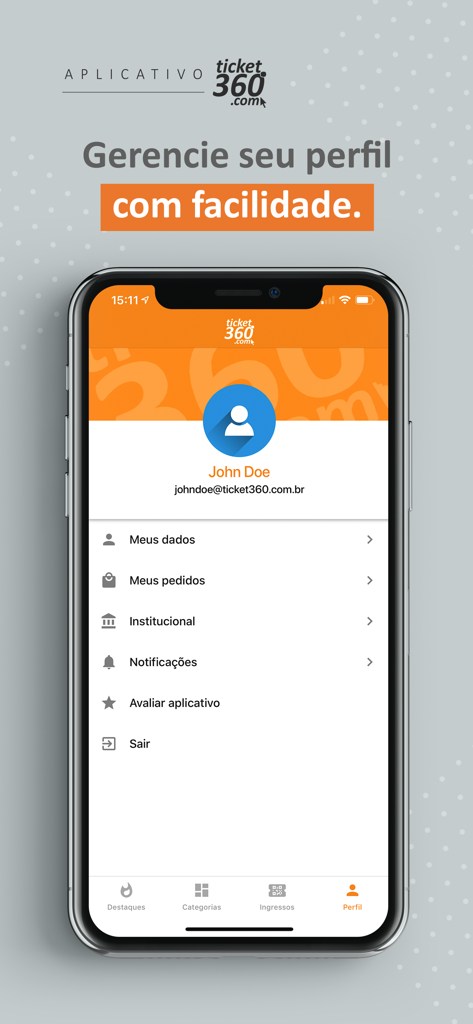 Ticket360 - Ticket360 app user profile screen showing management options like personal data and order history