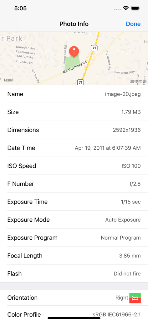 ViewExif app screen showing photo metadata details including map location and camera settings