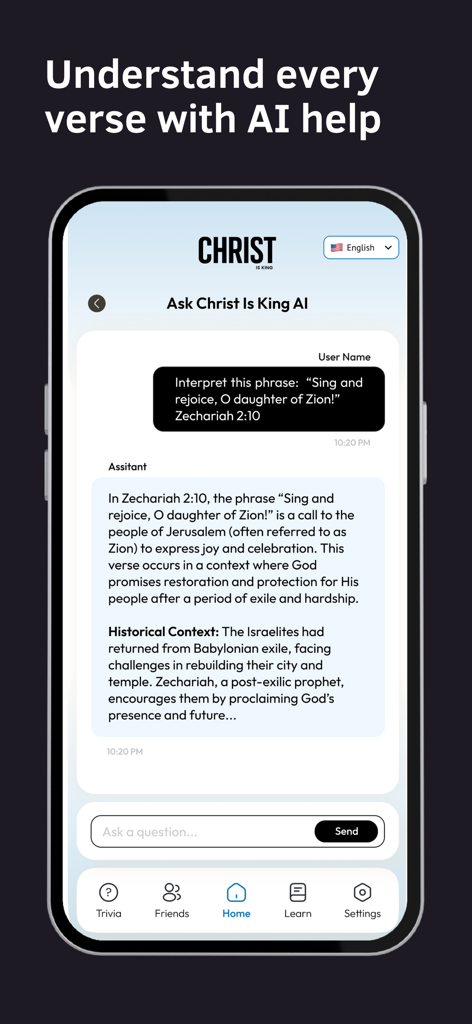 Christ is King - A screenshot of the Christ is King mobile app featuring an AI assistant that explains Bible verses with historical context