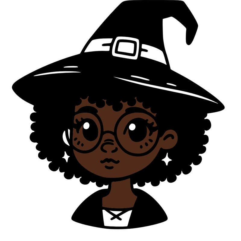 a black person who is a witch and has glasses