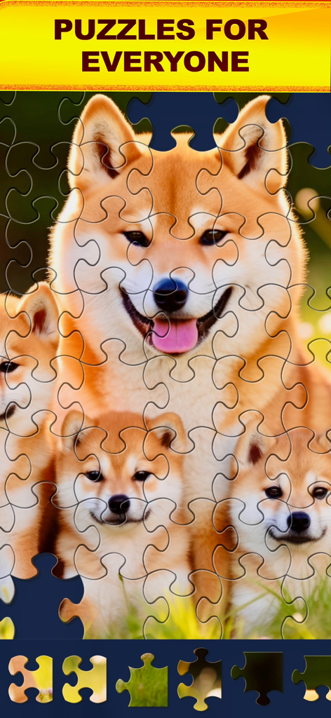 Digital jigsaw puzzle featuring a mother Shiba Inu and her puppies