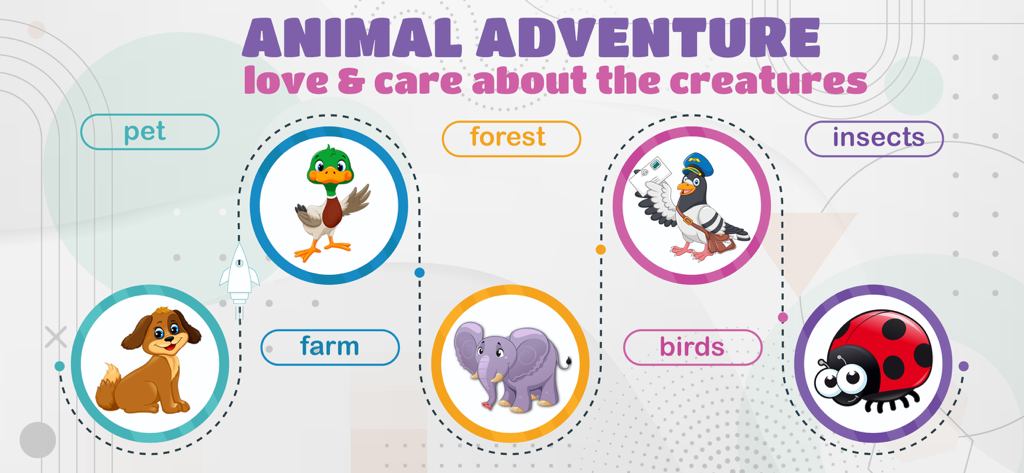 Pre-K Preschool Games for Kids - Preschool learning game showing animal categories including pet farm forest birds and insects