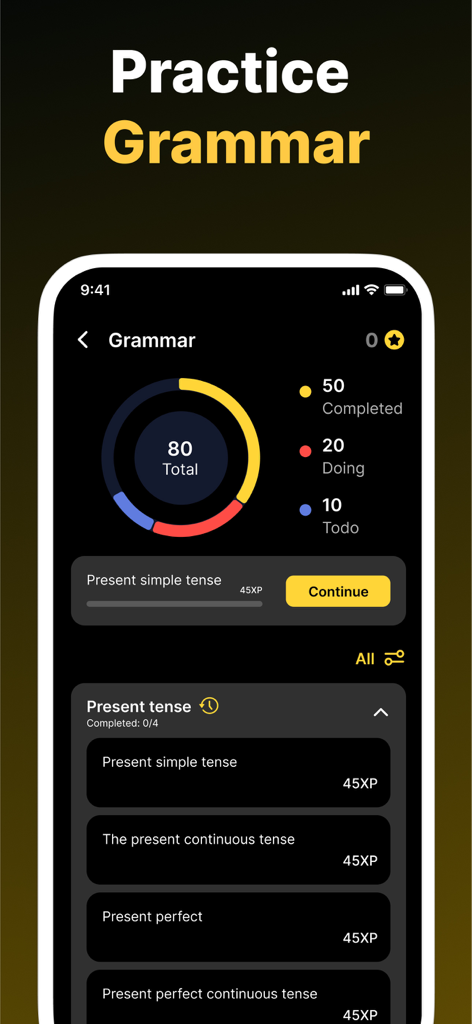 Dashboard showing English grammar lessons and study progress in the 4Ask app.