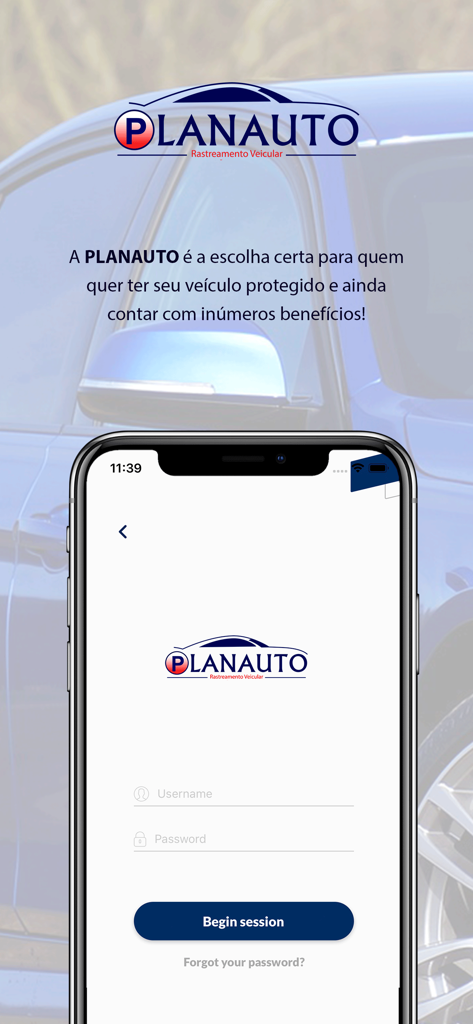 Login screen for the Planauto Rastreamento Veicular vehicle tracking app showing username and password fields