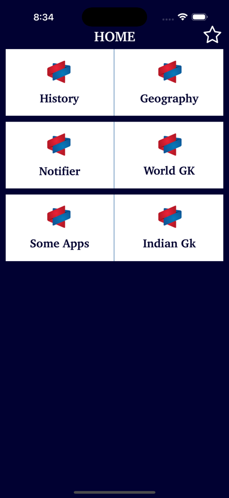 Samanya Gyan Gk World History - Main menu of the Samanya Gyan GK app showing study topics like History Geography and Indian GK