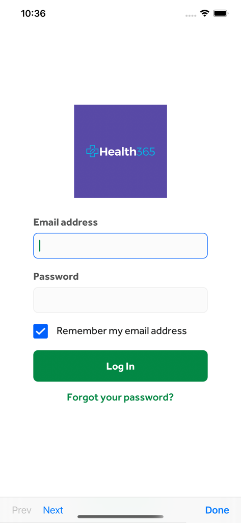 Tela de login do aplicativo móvel Health365 com campos de entrada de e-mail e senha