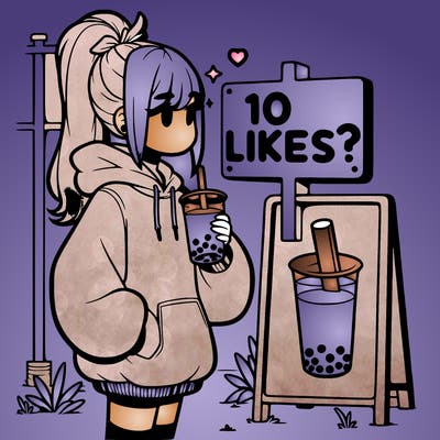 girl with oversized hoodie drinking boba and she has a high ponytail with a sign that says 10likes?