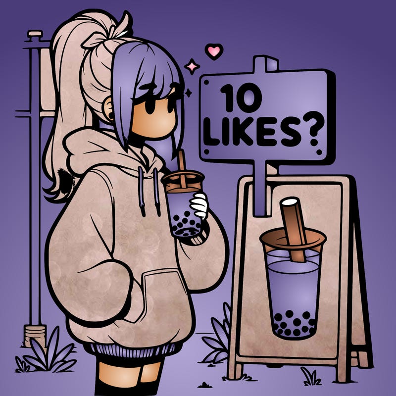 girl with oversized hoodie drinking boba and she has a high ponytail with a sign that says 10likes?