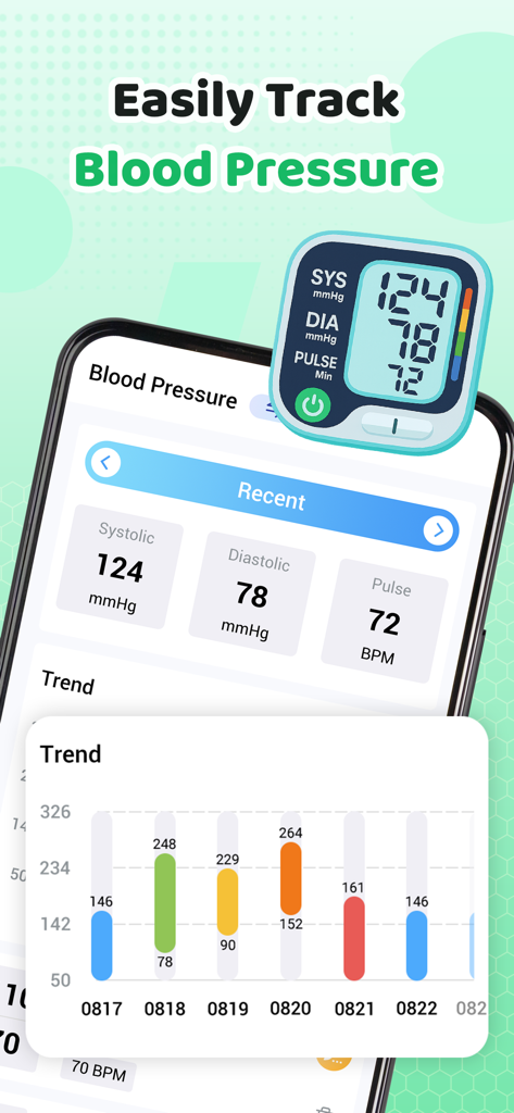 HeartEase: BP Tracker - Pantalla del teléfono inteligente que muestra registros de presión arterial y gráficos de tendencias con la aplicación HeartEase