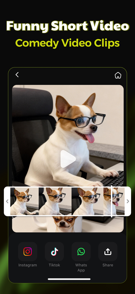 PixLike: Photo & Video Editor - Interface do aplicativo PixLike apresentando um vídeo curto engraçado de um cachorro com óculos e opções fáceis de compartilhamento para Instagram e TikTok