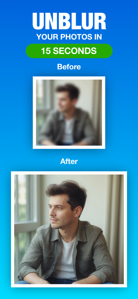 Before and after comparison of a blurry portrait transformed into a sharp image using PhotoGenius AI.