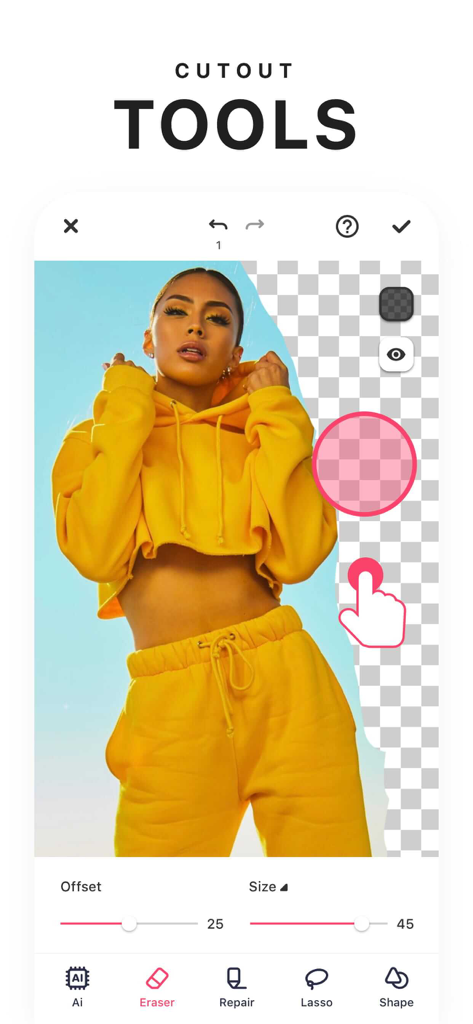 Interface of the Background Eraser app showing the manual cutout tool removing the background from a portrait photo