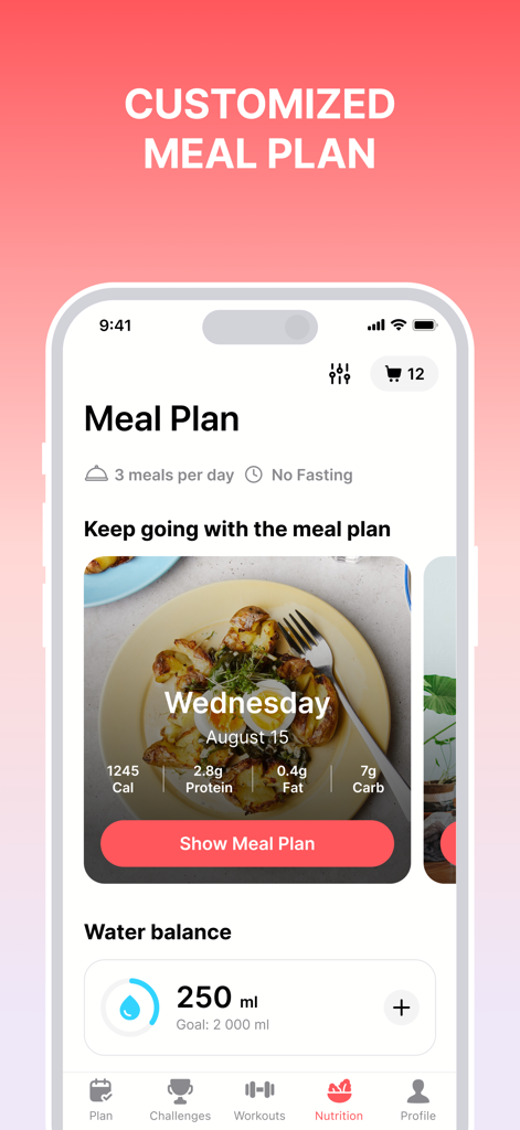 Organic Fit: Workout for Women - Screenshot of Organic Fit app showing a personalized meal plan and daily water intake tracker