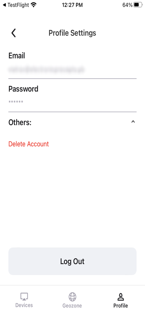 Schermata delle impostazioni del profilo dell'app Trak4 che mostra le opzioni dell'account, inclusi email, password e logout