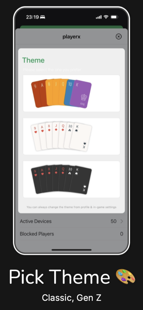 Joker - Online Game - Theme selection screen in the Joker online card game app featuring different deck designs including classic and modern styles