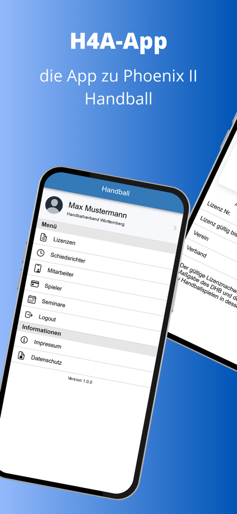 H4A App - H4A App mobile interface showing the user profile and main menu for handball license and seminar management