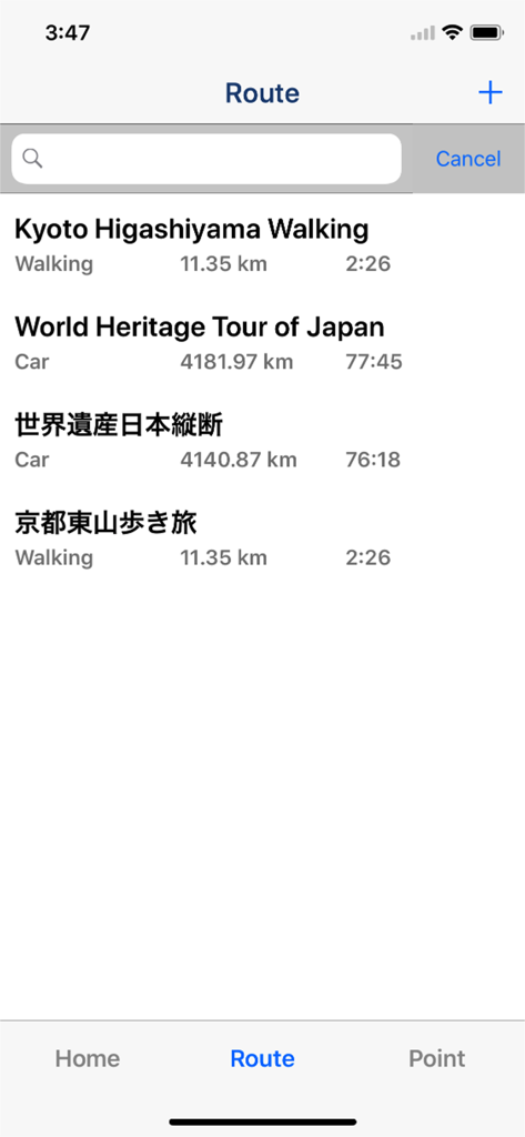 Screenshot of the Route Maker app showing a list of saved walking and driving routes with distances and estimated travel times.