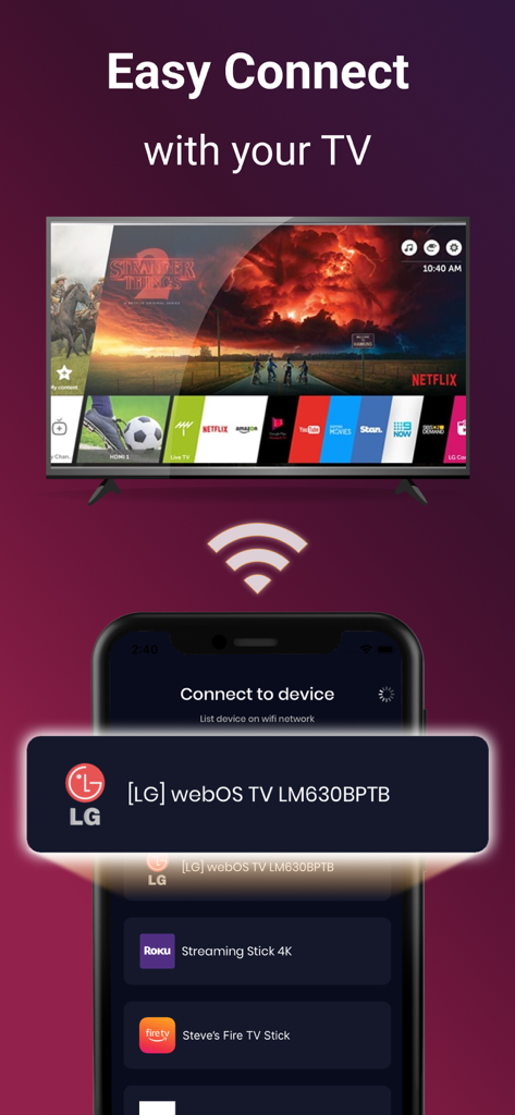 TV Remote for LG - Interfaz de la aplicación TV Remote for LG que muestra un smartphone conectándose a un Smart TV LG con webOS a través de Wi-Fi