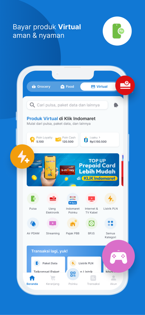 Klik Indomaret - User interface of Klik Indomaret app displaying virtual services for bill payments and mobile top ups
