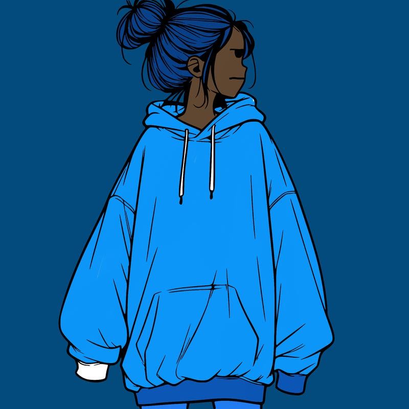 realistic girl with a oversized sweatshirt on and a bun