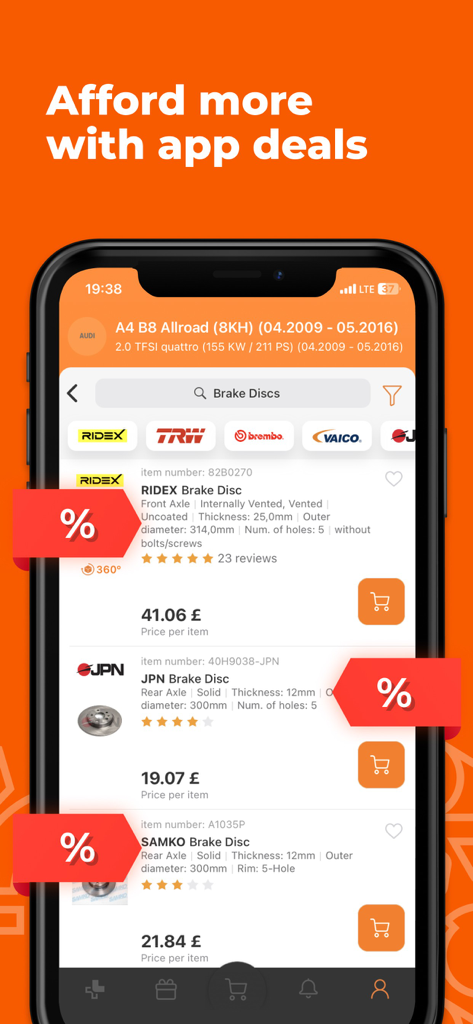 AUTODOC app interface showing car parts like brake discs with promotional discount tags