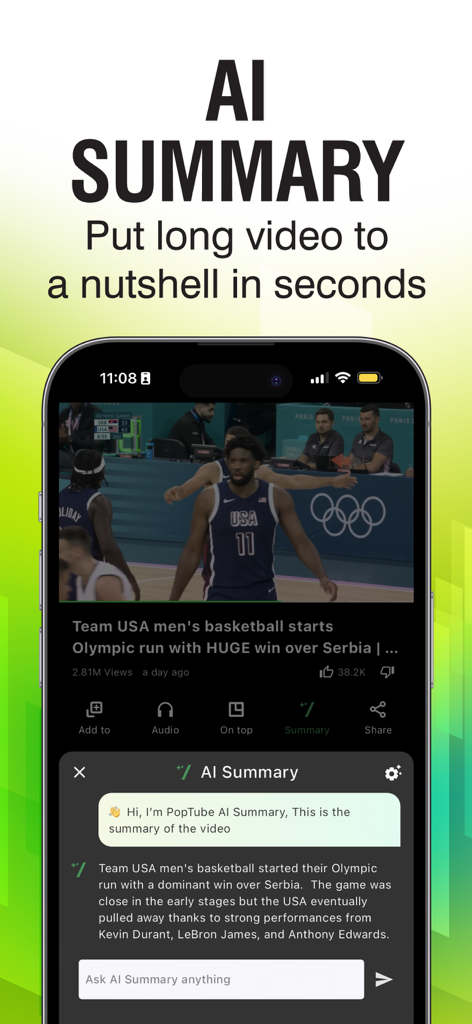 POPTube App-Oberfläche mit einer KI-generierten Zusammenfassung eines Basketballvideos auf einem iPhone-Bildschirm