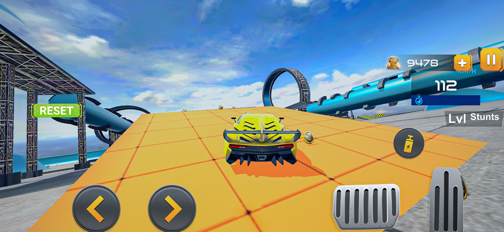 Motorcycles & Car Stunt Games - A yellow sports car driving on a mega ramp towards a loop-the-loop track in a 3D racing game.
