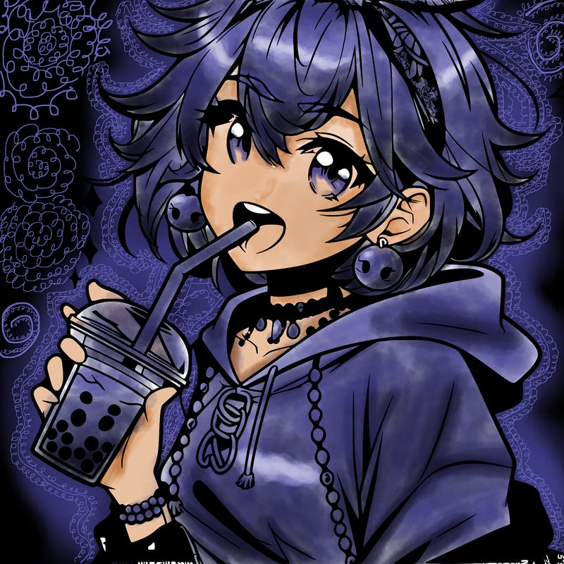 hot baddie anime girl drinking boba and biting the straw