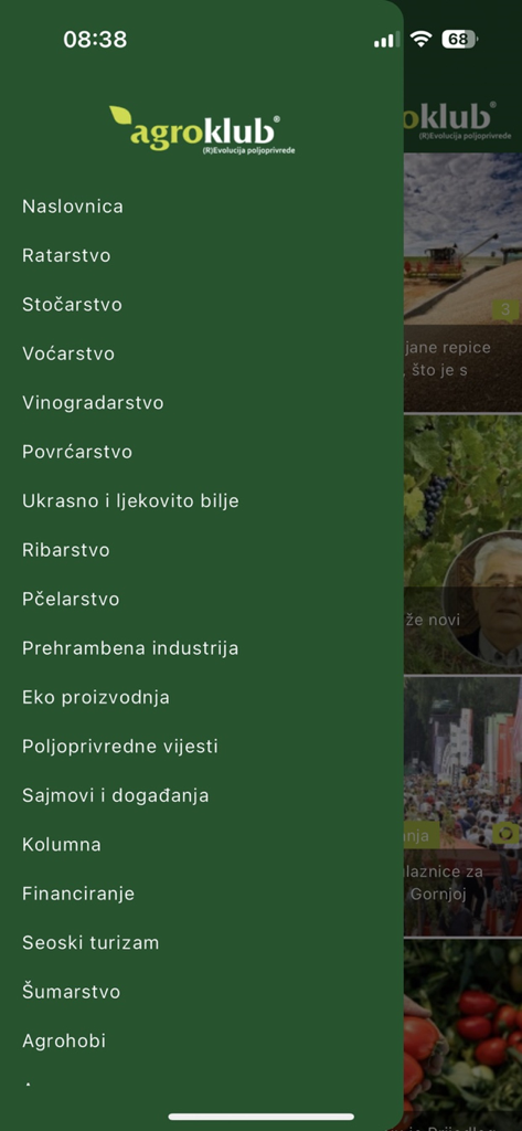 Agroklub mobile app side navigation menu displaying various agriculture categories