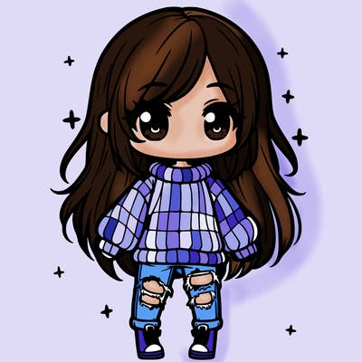 chibi girl with ripped jeans,long hair, and an oversized sweater
