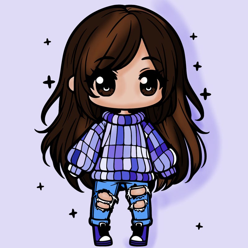 chibi girl with ripped jeans,long hair, and an oversized sweater
