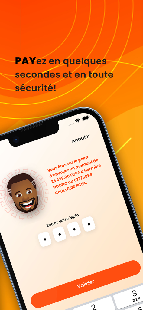 Écran de l'application mobile CLIKPAY Money montrant la confirmation d'un transfert d'argent sécurisé sur un iPhone