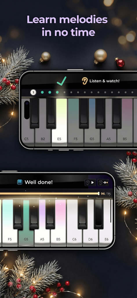 Piano - Keyboard Lesson & Game - Bildschirm eines Mobiltelefons, der eine Klavier-Tastatur-App mit hervorgehobenen Tasten zum Erlernen von Melodien anzeigt.