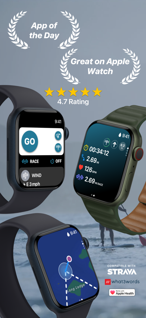 Paddle Logger: SUP & Kayaking - Tres Apple Watches mostrando la aplicación Paddle Logger con estadísticas de seguimiento de actividad, datos de viento y un mapa de navegación.