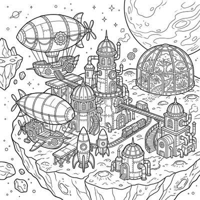 Blast off to a Steampunk Space Colony with this unique coloring page! Explore an intricate world of retro-futuristic buildings, airships, and rockets on a distant moon, ready for your creative touch.
