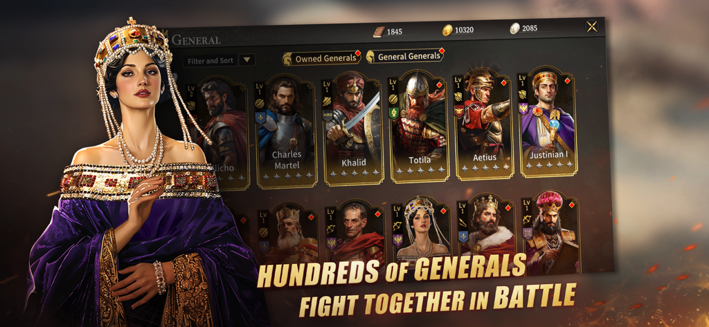 Grand War 4: Medieval Strategy - Historical generals selection screen in Grand War 4 Medieval Strategy featuring famous military leaders and royal figures.