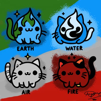 4 cats that represent the different elements, earth, water, air, and fire