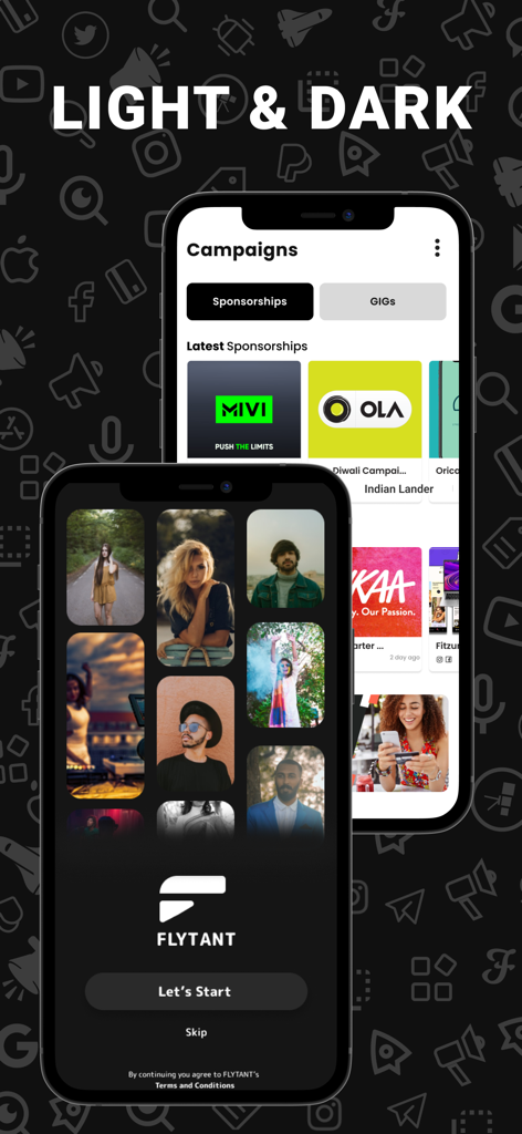 Flytant - Flytant mobile app interface showing both light and dark mode screens with influencer profiles and brand campaigns