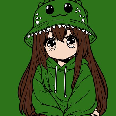 girl with anime shaped eyes with a dinosaur bucket hat oversized sweatshirt long straight hair