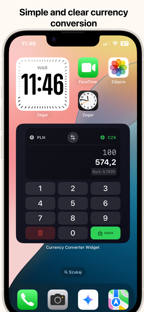 Currency Converter - Widget - An iPhone home screen displaying a simple and clear currency converter widget with a numeric keypad.